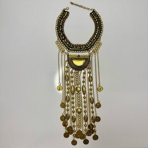 Large Gold Tone Statement Necklace Bohemian Coins Details Festival